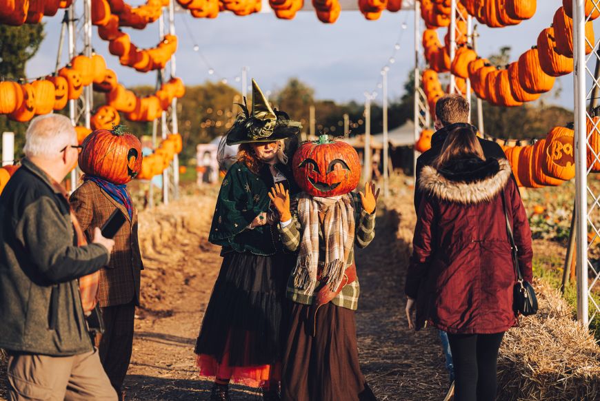 someone dressed as a pumpkin and another person next to the as a witch